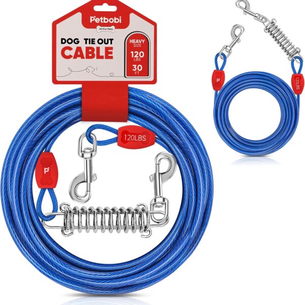 Petbobi 2 Pack 30ft Tie Out Cable for Dog with Durable Spring and Metal Swivel Hooks for Outdoor, Yard and Camping, Rust- Proof Training Tether for Small to Medium Dogs Up to 120 Pounds, Blue